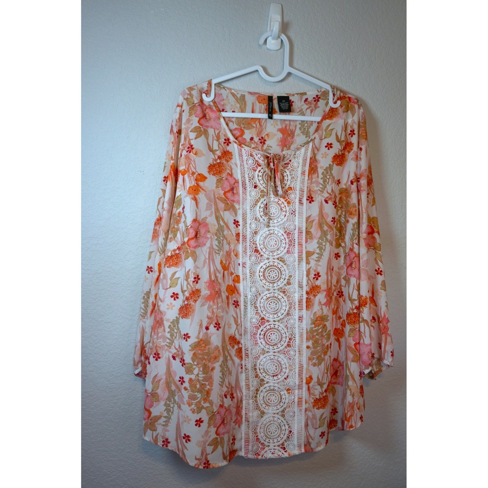 New Directions Woman Floral Crochet Lace Trim Peasant Blouse Orange Pink 2X